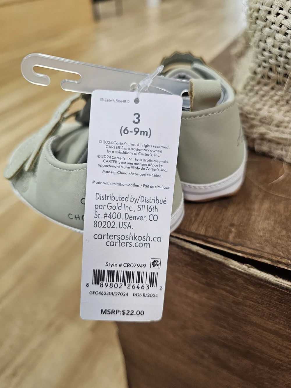 Carter's Light Sage Monster Velcro Toddler Sneakers